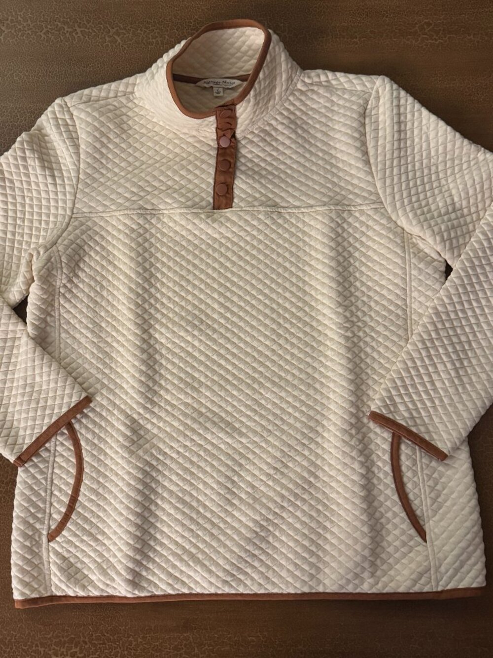 Heritage Charm Pullover Quilted Cream Sweater with Brown Trim - Size Large